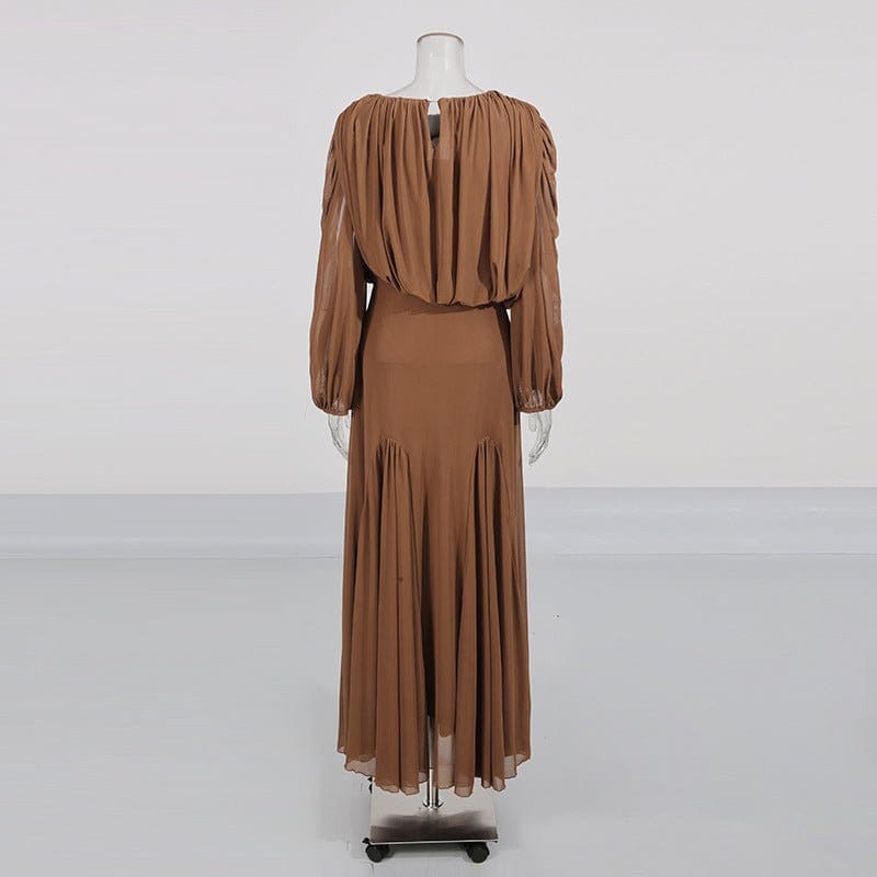 Round Neck Ruched Bodice Lantern Sleeve Floor-Length Dress(MS402) - A-1 Thread Vault