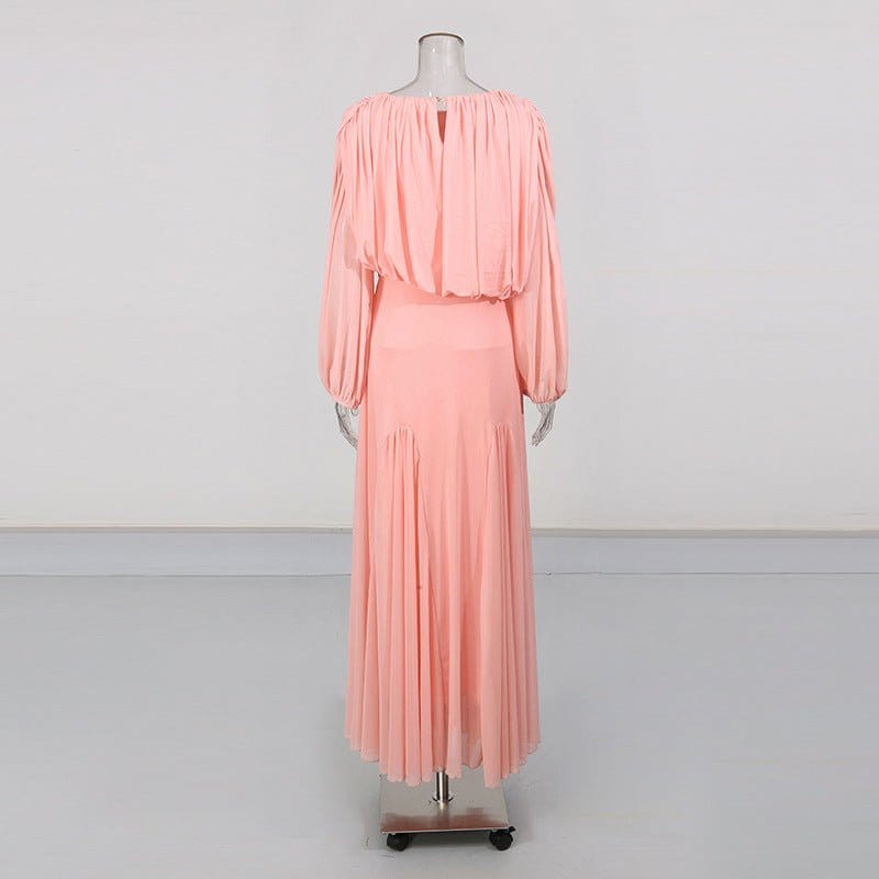 Round Neck Ruched Bodice Lantern Sleeve Floor-Length Dress(MS402) - A-1 Thread Vault