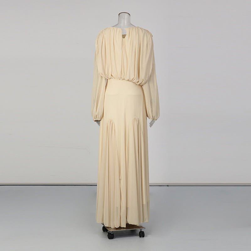 Round Neck Ruched Bodice Lantern Sleeve Floor-Length Dress(MS402) - A-1 Thread Vault