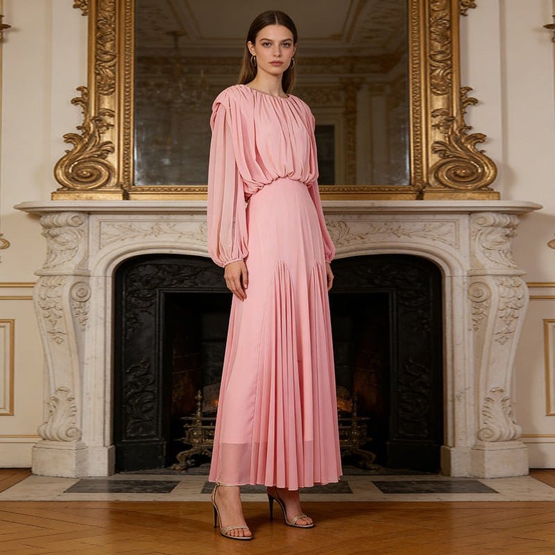 Round Neck Ruched Bodice Lantern Sleeve Floor-Length Dress(MS402) - A-1 Thread Vault