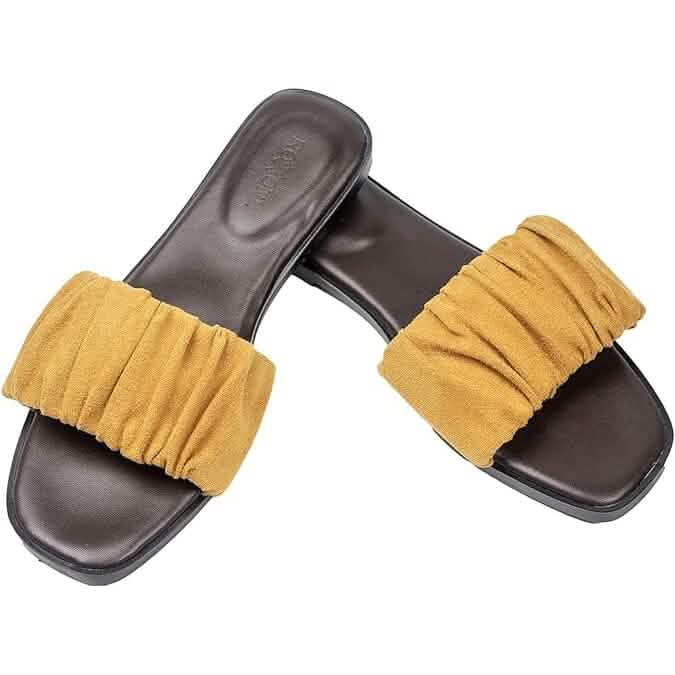 Roxoni Women's Ruched Fabric Slide Sandals Open Toe Flat Sandals with Heel Cushion - A-1 Thread Vault