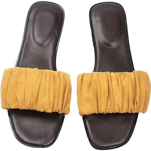 Roxoni Women's Ruched Fabric Slide Sandals Open Toe Flat Sandals with Heel Cushion - A-1 Thread Vault