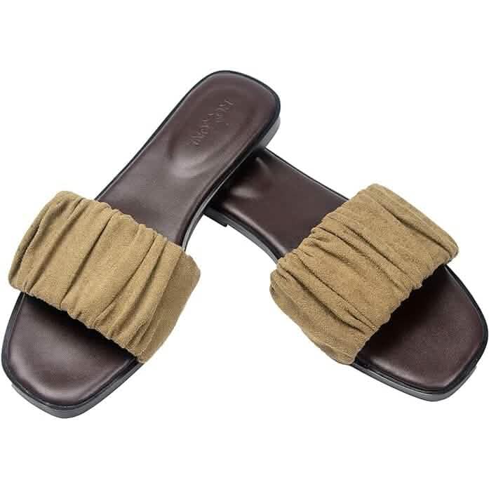 Roxoni Women's Ruched Fabric Slide Sandals Open Toe Flat Sandals with Heel Cushion - A-1 Thread Vault