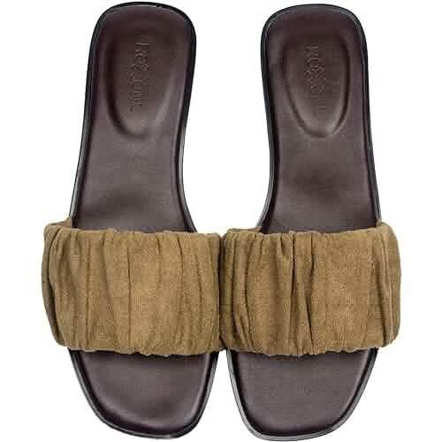 Roxoni Women's Ruched Fabric Slide Sandals Open Toe Flat Sandals with Heel Cushion - A-1 Thread Vault