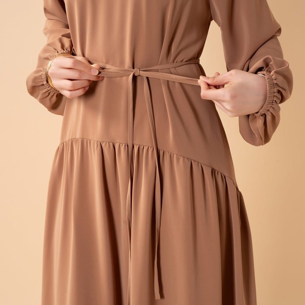 Ruffle Trim Pleated Relaxed Maxi Dress with Waist Tie(MA424) - A-1 Thread Vault