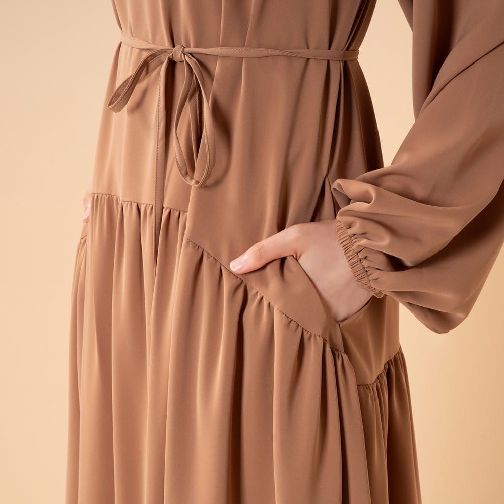 Ruffle Trim Pleated Relaxed Maxi Dress with Waist Tie(MA424) - A-1 Thread Vault