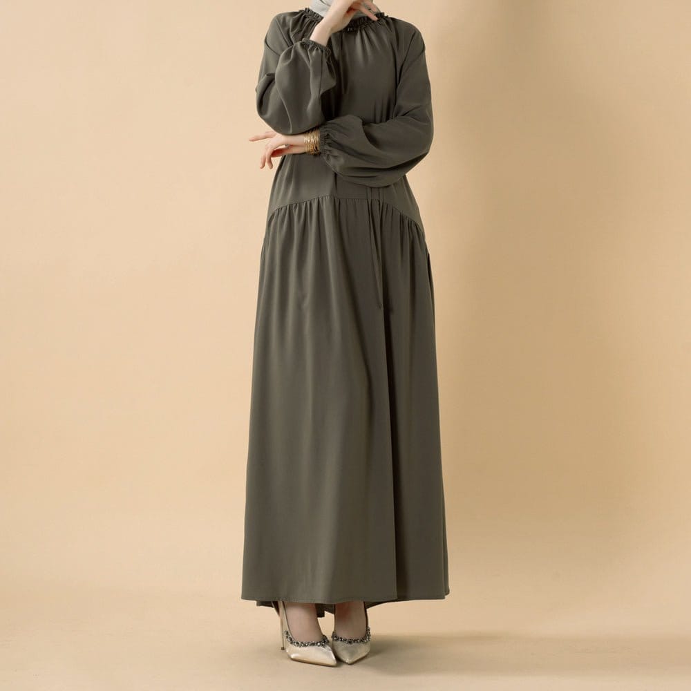 Ruffle Trim Pleated Relaxed Maxi Dress with Waist Tie(MA424) - A-1 Thread Vault