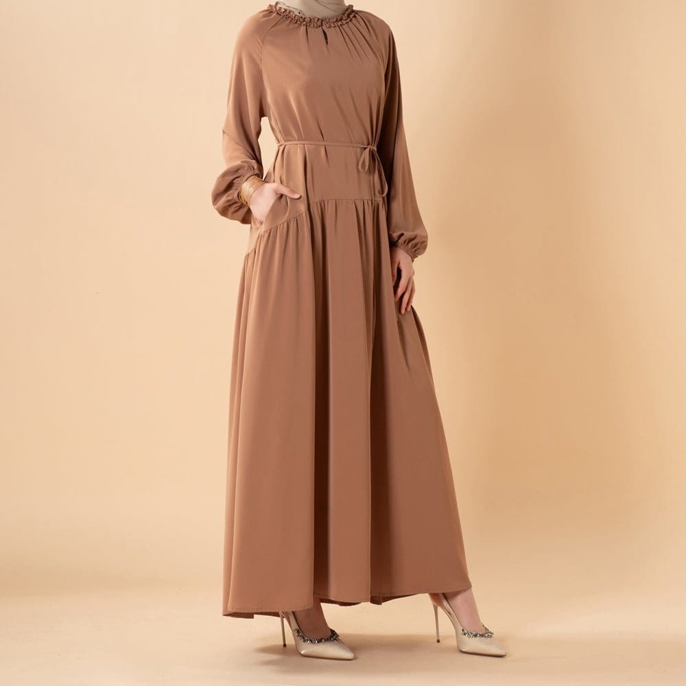 Ruffle Trim Pleated Relaxed Maxi Dress with Waist Tie(MA424) - A-1 Thread Vault