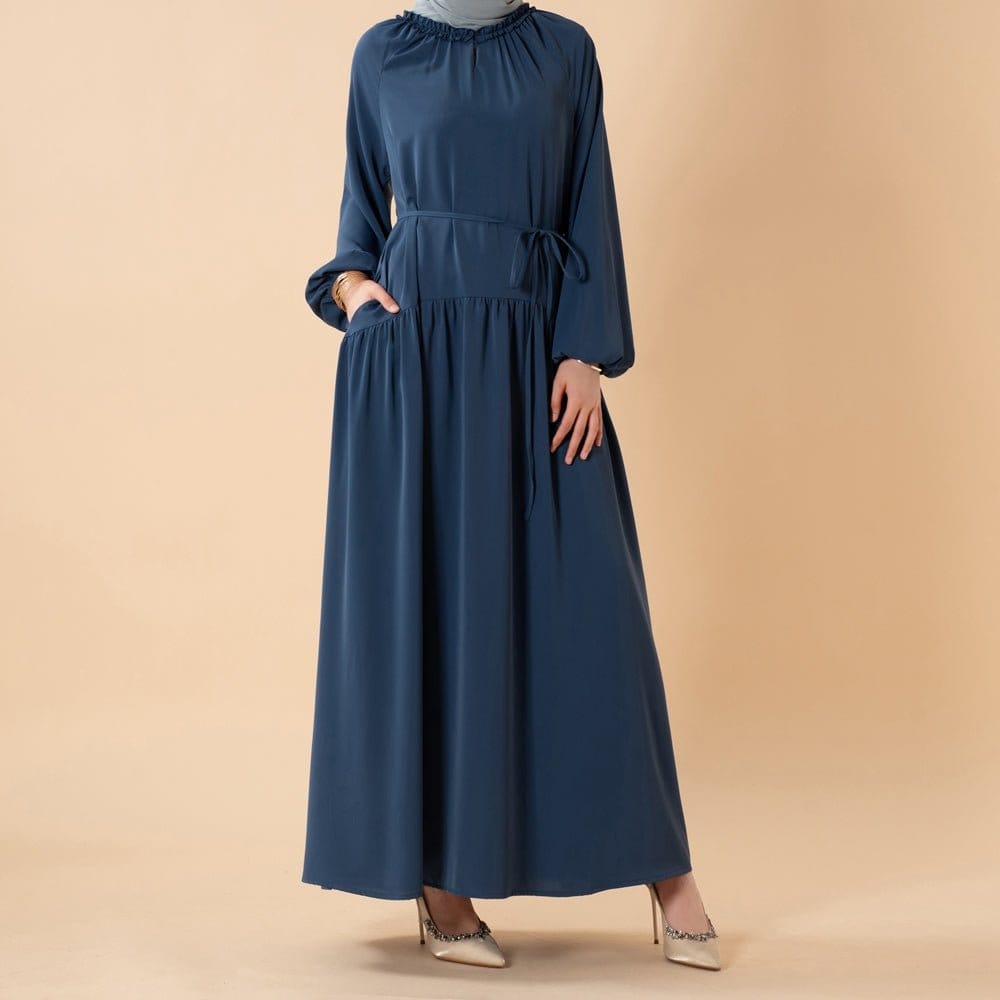 Ruffle Trim Pleated Relaxed Maxi Dress with Waist Tie(MA424) - A-1 Thread Vault