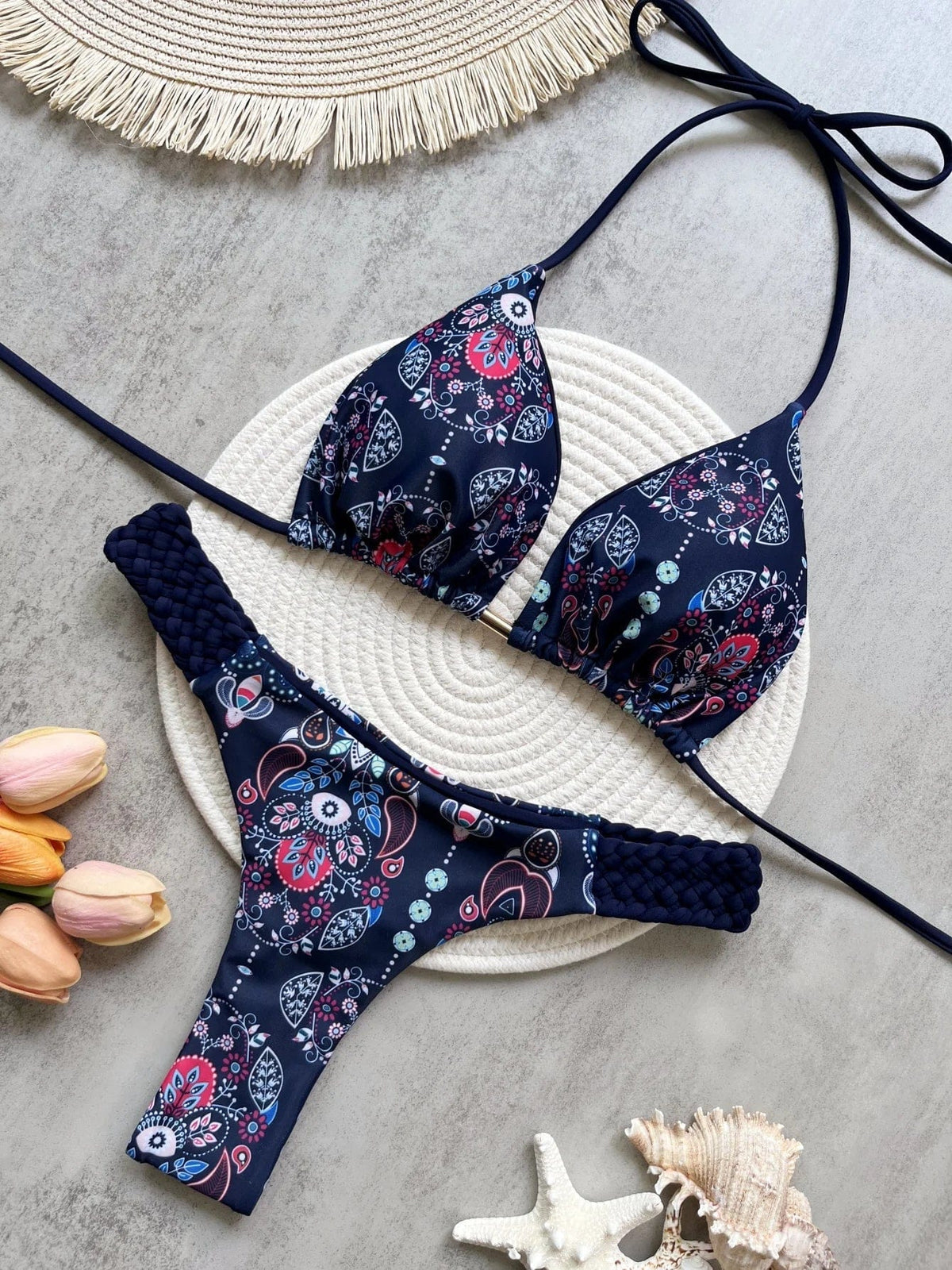 RUOTONSEPT Print Halter Mini Thong High Cut Bikini Female Swimsuit Women Swimwear Two-pieces Bikini set Bather Bathing Suit Swim - A-1 Thread Vault