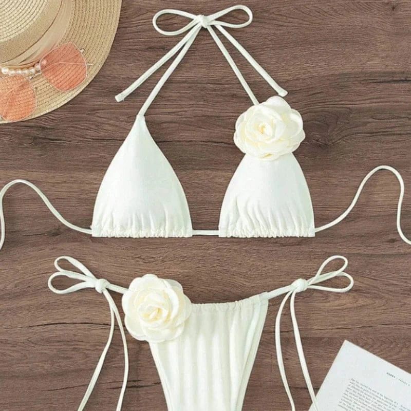 S - L Sexy 3D Flowers Halter Strappy Bikini Women Swimwear Female Swimsuit Two-pieces Bikini Set Bather Bathing Suit Swim - A-1 Thread Vault