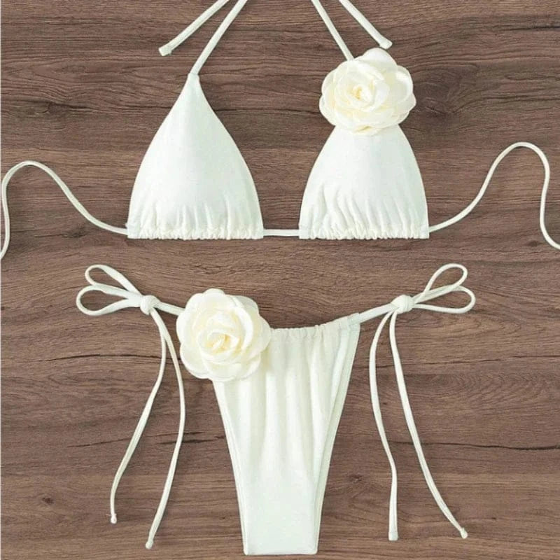 S - L Sexy 3D Flowers Halter Strappy Bikini Women Swimwear Female Swimsuit Two-pieces Bikini Set Bather Bathing Suit Swim - A-1 Thread Vault