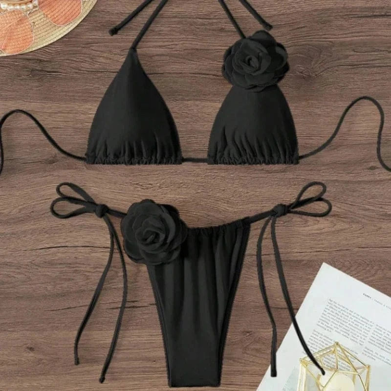 S - L Sexy 3D Flowers Halter Strappy Bikini Women Swimwear Female Swimsuit Two-pieces Bikini Set Bather Bathing Suit Swim - A-1 Thread Vault