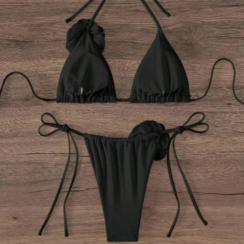 S - L Sexy 3D Flowers Halter Strappy Bikini Women Swimwear Female Swimsuit Two-pieces Bikini Set Bather Bathing Suit Swim - A-1 Thread Vault