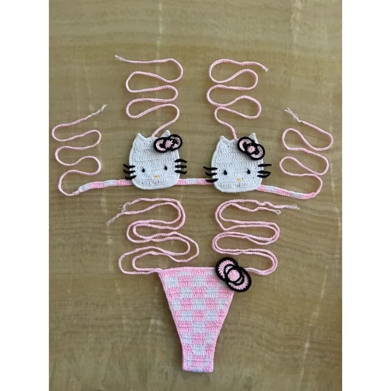 Sanrio Cute Bikini Set Crochet Girls Swimsuit Hello Kitty Sexy Bathing Suit Kwaii Women Swim Suit Bandage Micro Bikinis Swimwear - A-1 Thread Vault