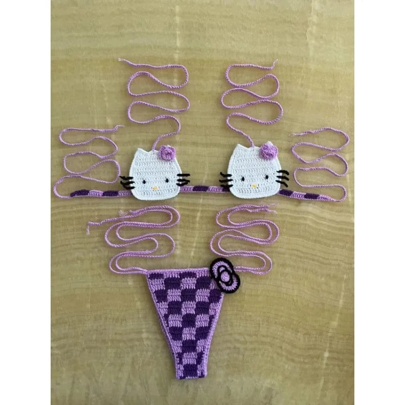 Sanrio Cute Bikini Set Crochet Girls Swimsuit Hello Kitty Sexy Bathing Suit Kwaii Women Swim Suit Bandage Micro Bikinis Swimwear - A-1 Thread Vault