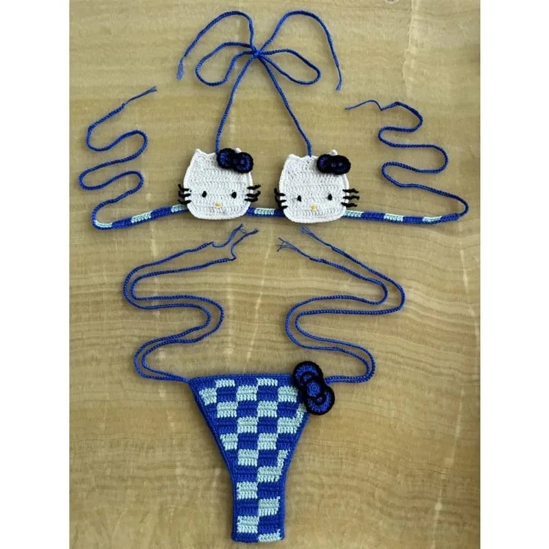 Sanrio Cute Bikini Set Crochet Girls Swimsuit Hello Kitty Sexy Bathing Suit Kwaii Women Swim Suit Bandage Micro Bikinis Swimwear - A-1 Thread Vault
