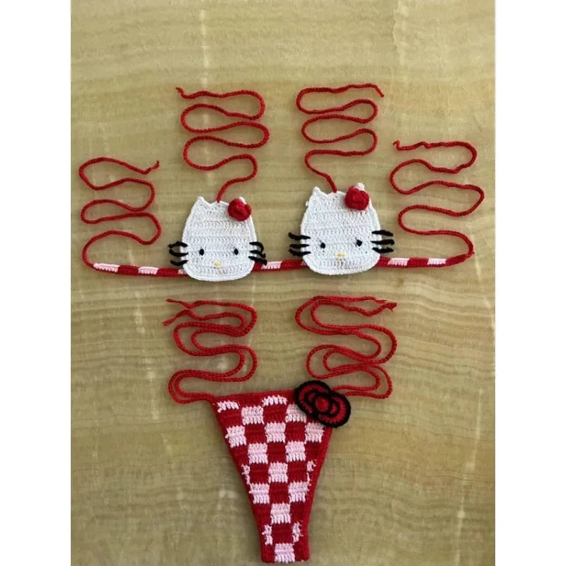 Sanrio Cute Bikini Set Crochet Girls Swimsuit Hello Kitty Sexy Bathing Suit Kwaii Women Swim Suit Bandage Micro Bikinis Swimwear - A-1 Thread Vault