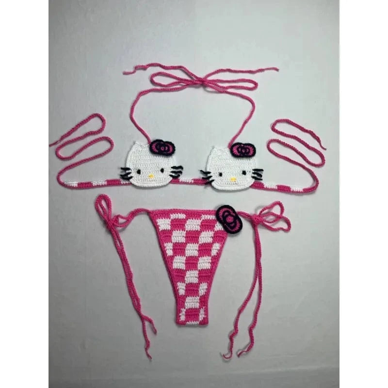 Sanrio Cute Bikini Set Crochet Girls Swimsuit Hello Kitty Sexy Bathing Suit Kwaii Women Swim Suit Bandage Micro Bikinis Swimwear - A-1 Thread Vault