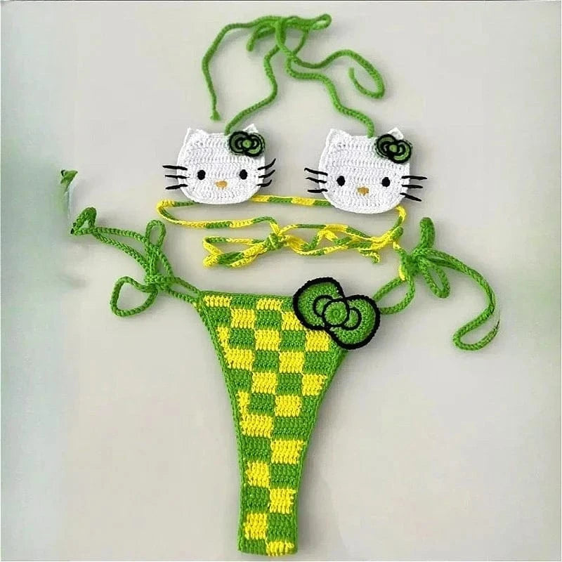 Sanrio Cute Bikini Set Crochet Girls Swimsuit Hello Kitty Sexy Bathing Suit Kwaii Women Swim Suit Bandage Micro Bikinis Swimwear - A-1 Thread Vault