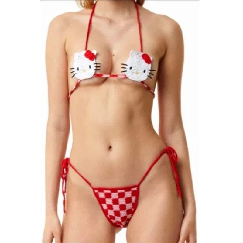 Sanrio Cute Bikini Set Crochet Girls Swimsuit Hello Kitty Sexy Bathing Suit Kwaii Women Swim Suit Bandage Micro Bikinis Swimwear - A-1 Thread Vault