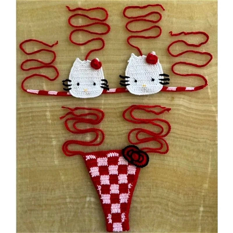 Sanrio Cute Bikini Set Crochet Girls Swimsuit Hello Kitty Sexy Bathing Suit Kwaii Women Swim Suit Bandage Micro Bikinis Swimwear - A-1 Thread Vault