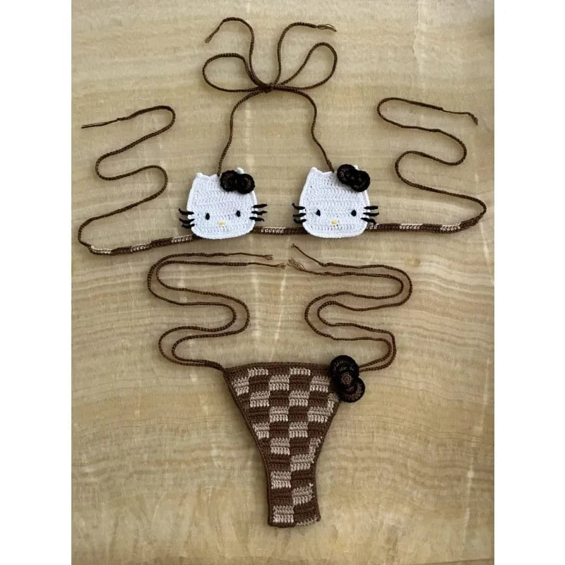 Sanrio Cute Bikini Set Crochet Girls Swimsuit Hello Kitty Sexy Bathing Suit Kwaii Women Swim Suit Bandage Micro Bikinis Swimwear - A-1 Thread Vault