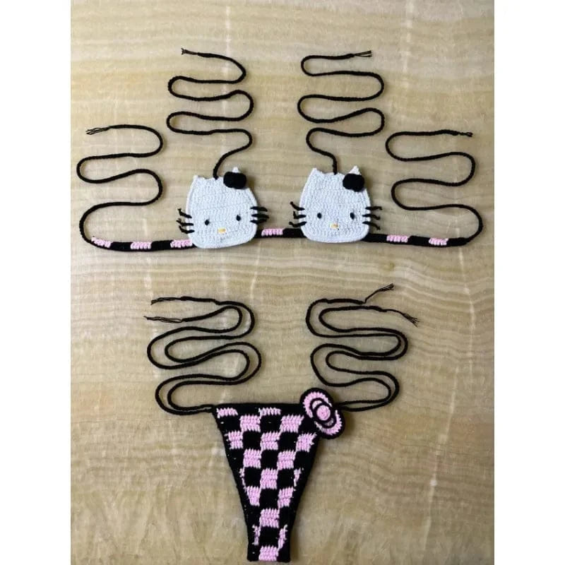 Sanrio Cute Bikini Set Crochet Girls Swimsuit Hello Kitty Sexy Bathing Suit Kwaii Women Swim Suit Bandage Micro Bikinis Swimwear - A-1 Thread Vault