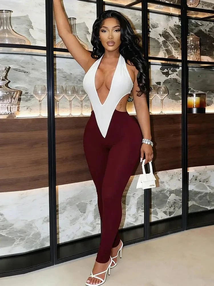 Sculpted Colorblock Plunge Halter Bodycon Jumpsuit - A-1 Thread Vault