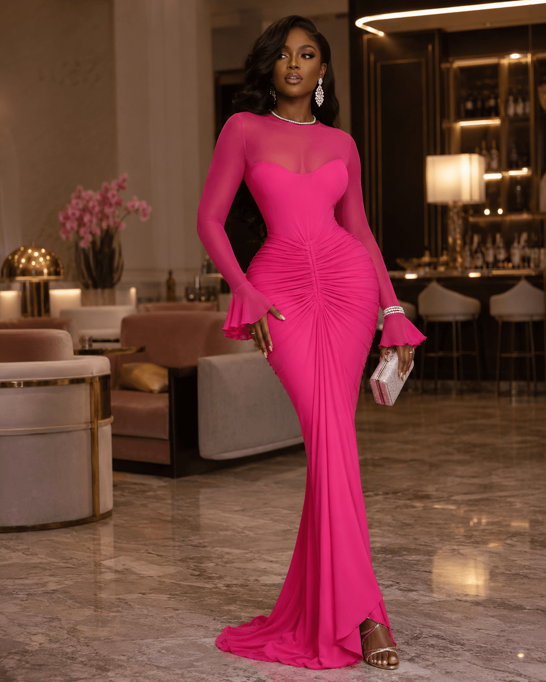 Sculpted Ruched Long Sleeve Mermaid Maxi Dress - A-1 Thread Vault