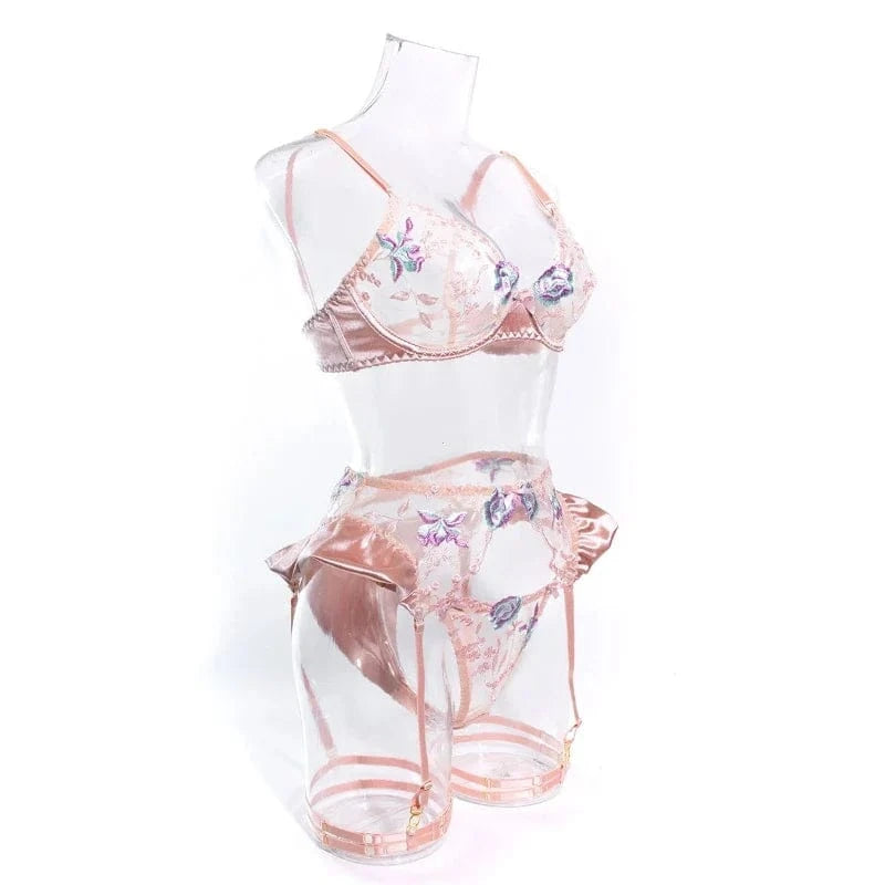 Sensual Women Lingerie Fancy Floral Sheen Silk Underwear Transparent Garter Exotic Sets Fairy Luxury Intimate Goods - A-1 Thread Vault