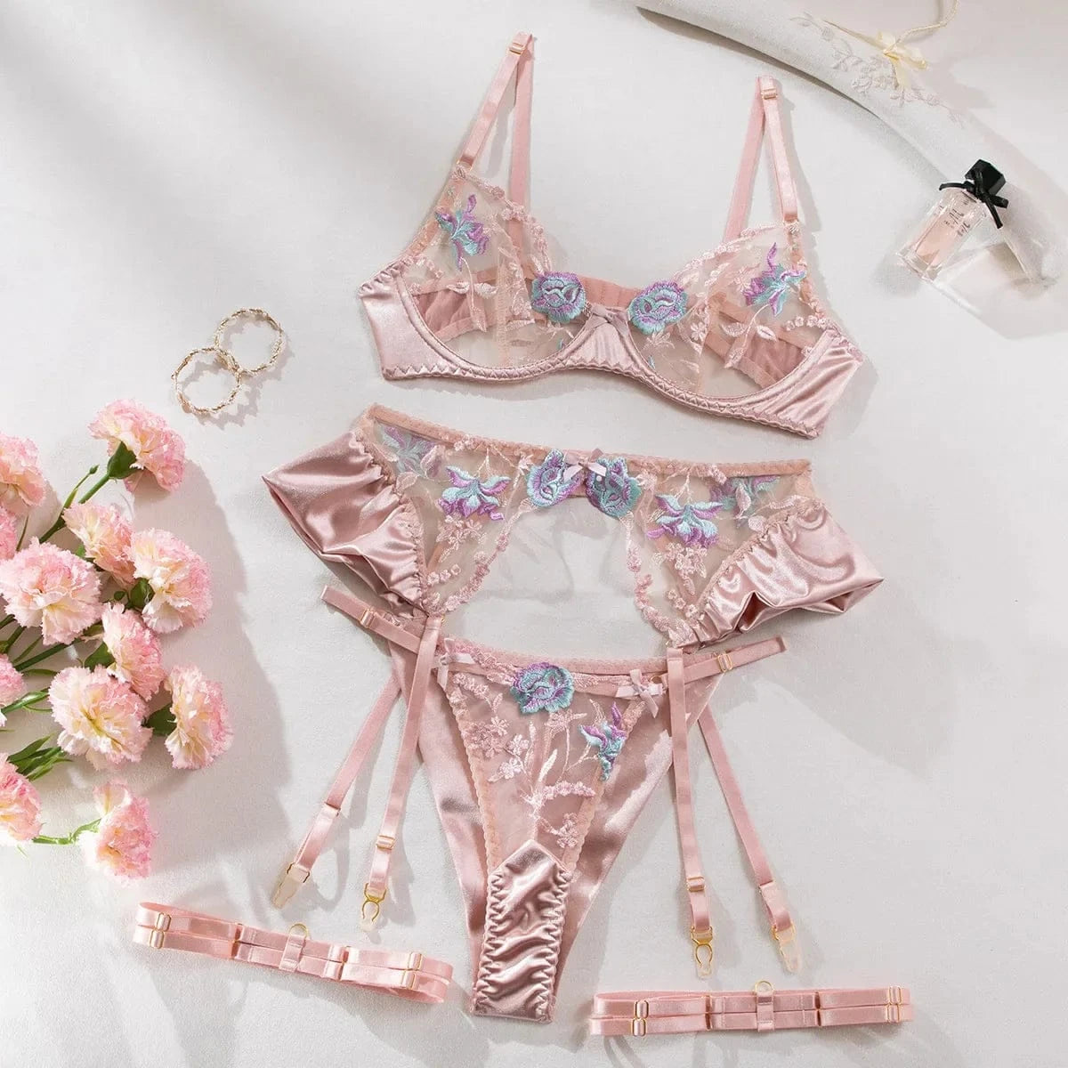 Sensual Women Lingerie Fancy Floral Sheen Silk Underwear Transparent Garter Exotic Sets Fairy Luxury Intimate Goods - A-1 Thread Vault