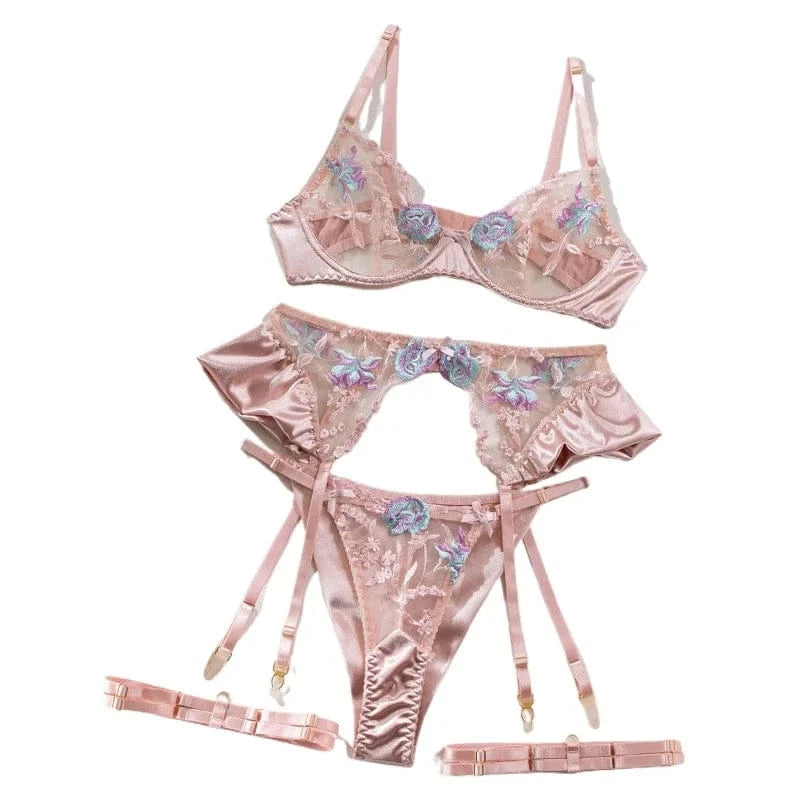 Sensual Women Lingerie Fancy Floral Sheen Silk Underwear Transparent Garter Exotic Sets Fairy Luxury Intimate Goods - A-1 Thread Vault