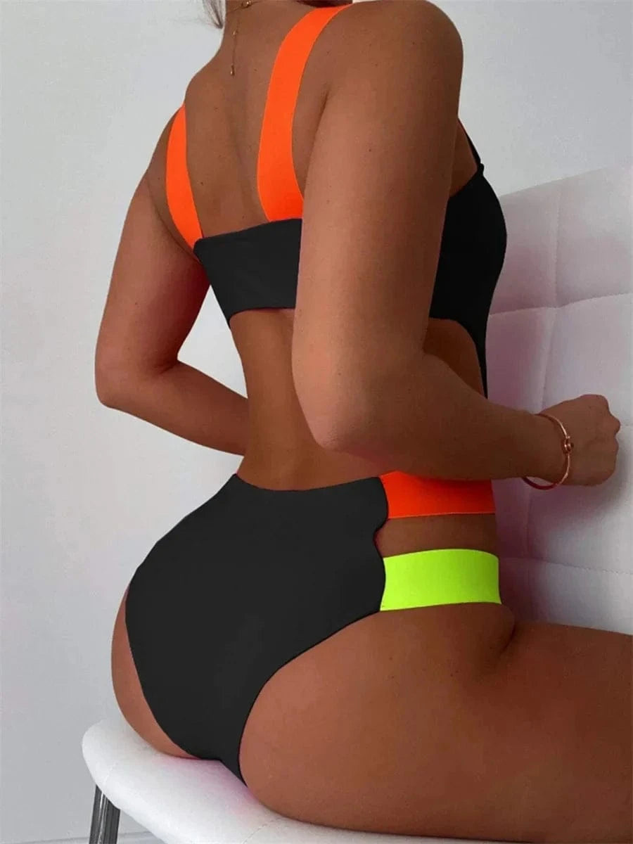 Sexy Black Contrast One Piece Swimsuit 2025 Women Neon Strap Hollow Out Backless Monokini Summer Bathing Suit Patchwork Swimwear - A-1 Thread Vault