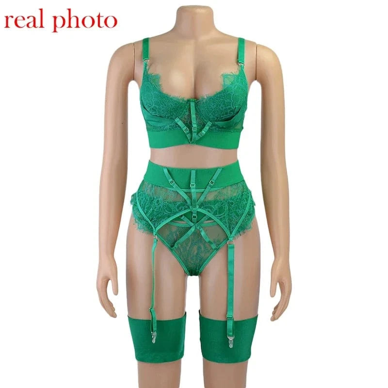 Sexy Bra Green Lingerie For Woman Erotic Underwear Set Lace Bandage Bralette Set Sexy Push up Lenceria 3 Piece Set - A-1 Thread Vault