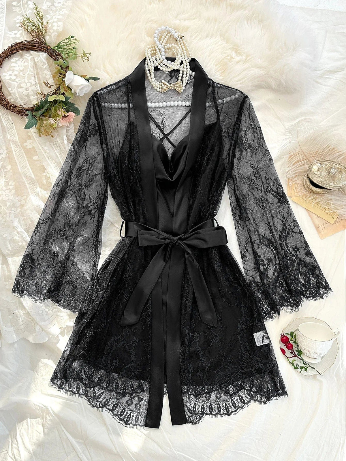 Sexy Elegant Pure Color Mesh Nightgown Set Transparent Lace Robe Sleepwear Casual Comfortable Women's pajamas - A-1 Thread Vault