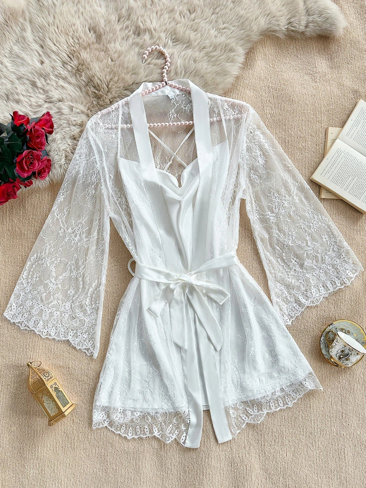 Sexy Elegant Pure Color Mesh Nightgown Set Transparent Lace Robe Sleepwear Casual Comfortable Women's pajamas - A-1 Thread Vault