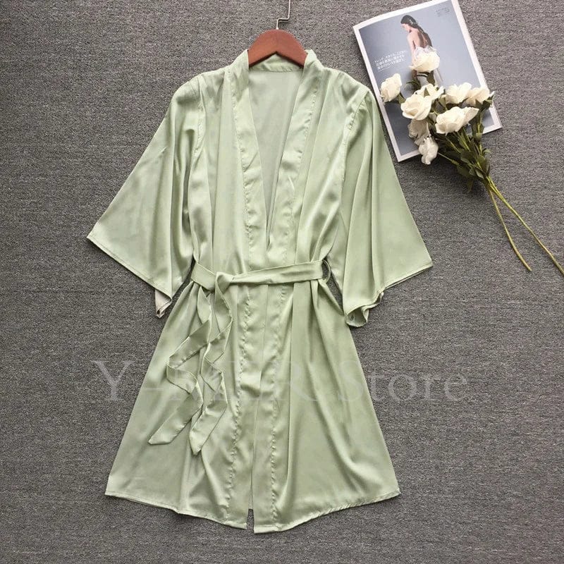Sexy Embroider Edge Lady Kimono Bathrobe Dress Gown Mesh Sleeve Wedding Long Robe Sleepwear Loose Silk Satin Nightwear Lingerie - A-1 Thread Vault