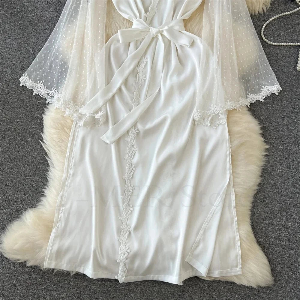 Sexy Embroider Edge Lady Kimono Bathrobe Dress Gown Mesh Sleeve Wedding Long Robe Sleepwear Loose Silk Satin Nightwear Lingerie - A-1 Thread Vault