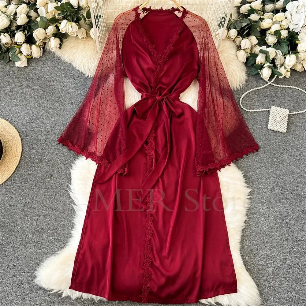 Sexy Embroider Edge Lady Kimono Bathrobe Dress Gown Mesh Sleeve Wedding Long Robe Sleepwear Loose Silk Satin Nightwear Lingerie - A-1 Thread Vault