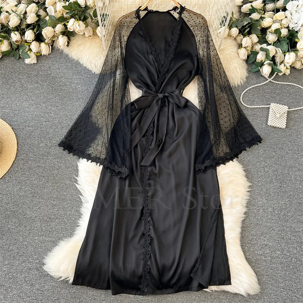Sexy Embroider Edge Lady Kimono Bathrobe Dress Gown Mesh Sleeve Wedding Long Robe Sleepwear Loose Silk Satin Nightwear Lingerie - A-1 Thread Vault
