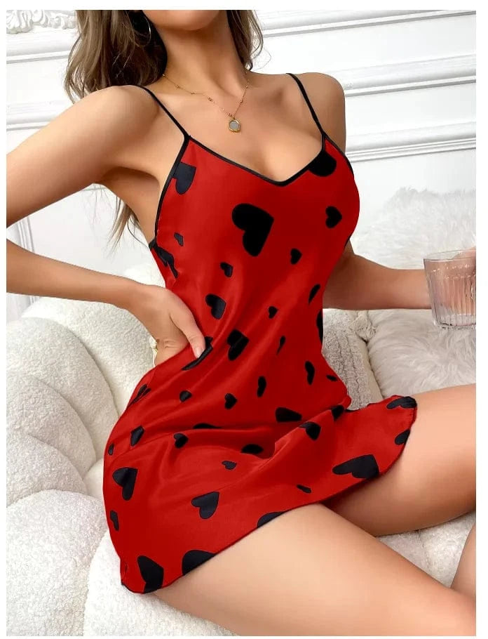 Sexy Heart Print Satin Slip Nightdress V Neck Backless Adjustable Strap Mini Sleep Dress Women's Sleepwear Dresses - A-1 Thread Vault