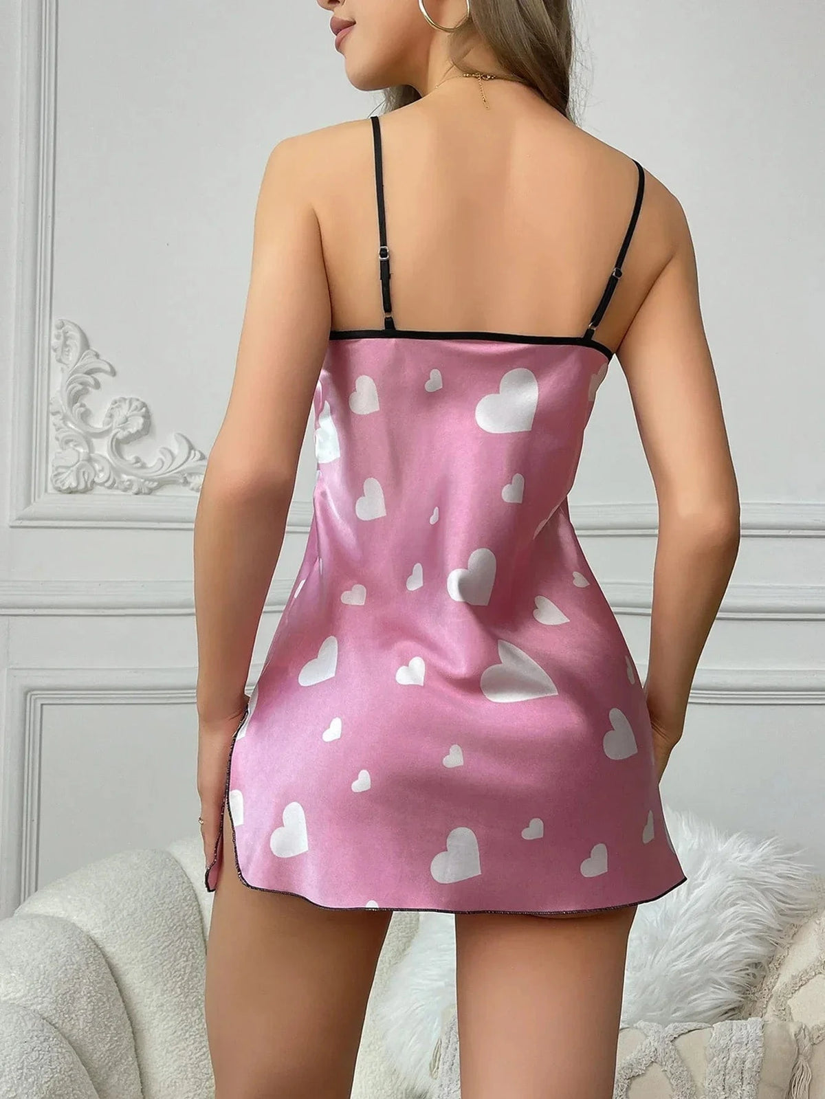 Sexy Heart Print Satin Slip Nightdress V Neck Backless Adjustable Strap Mini Sleep Dress Women's Sleepwear Dresses - A-1 Thread Vault