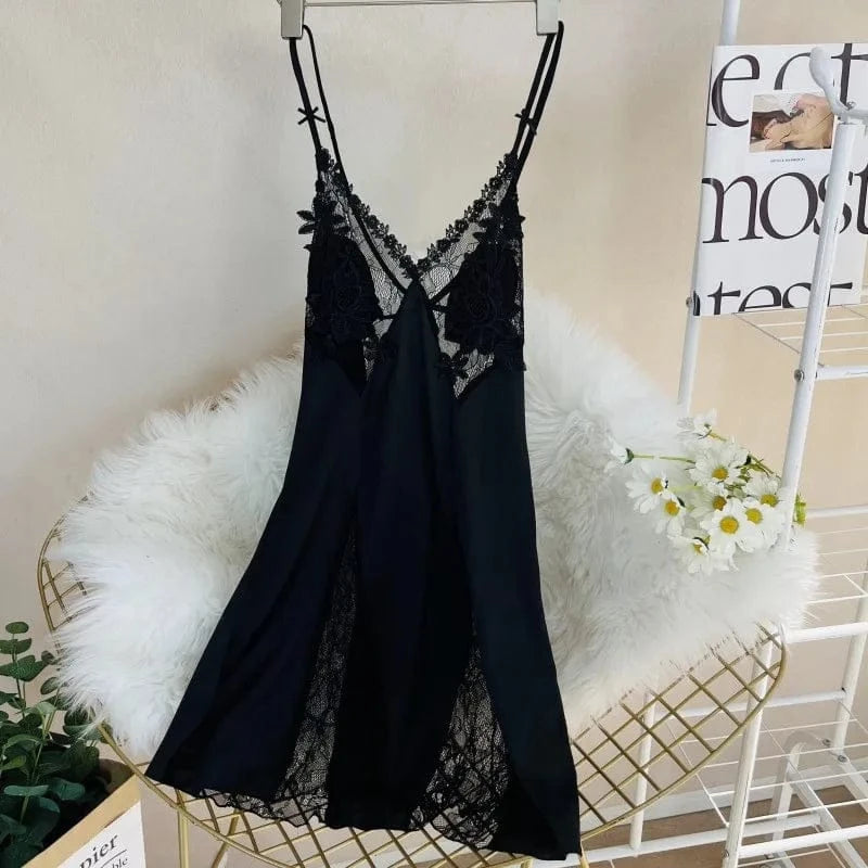 Sexy Hollow Out Lace Strap Nightgown Women Sleepwear Embroidery Flower Robe Silky Satin Nightdress Home Wear Intimate Lingerie - A-1 Thread Vault