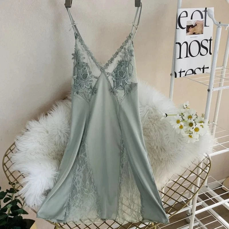 Sexy Hollow Out Lace Strap Nightgown Women Sleepwear Embroidery Flower Robe Silky Satin Nightdress Home Wear Intimate Lingerie - A-1 Thread Vault