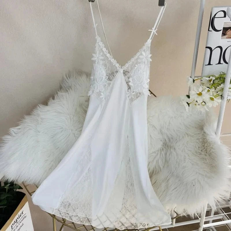 Sexy Hollow Out Lace Strap Nightgown Women Sleepwear Embroidery Flower Robe Silky Satin Nightdress Home Wear Intimate Lingerie - A-1 Thread Vault