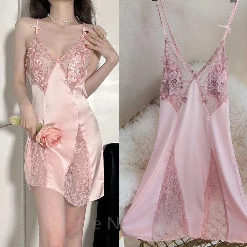 Sexy Hollow Out Lace Strap Nightgown Women Sleepwear Embroidery Flower Robe Silky Satin Nightdress Home Wear Intimate Lingerie - A-1 Thread Vault