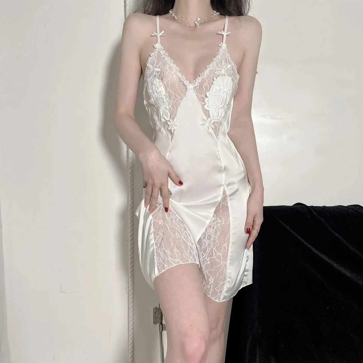 Sexy Hollow Out Lace Strap Nightgown Women Sleepwear Embroidery Flower Robe Silky Satin Nightdress Home Wear Intimate Lingerie - A-1 Thread Vault