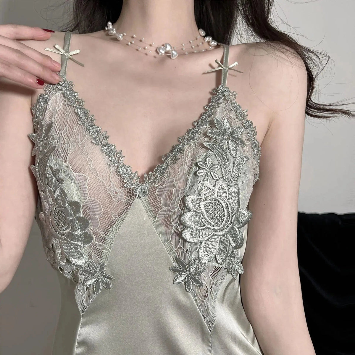 Sexy Hollow Out Lace Strap Nightgown Women Sleepwear Embroidery Flower Robe Silky Satin Nightdress Home Wear Intimate Lingerie - A-1 Thread Vault
