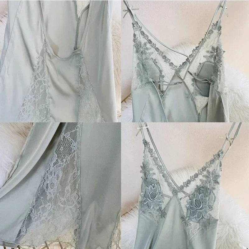 Sexy Hollow Out Lace Strap Nightgown Women Sleepwear Embroidery Flower Robe Silky Satin Nightdress Home Wear Intimate Lingerie - A-1 Thread Vault